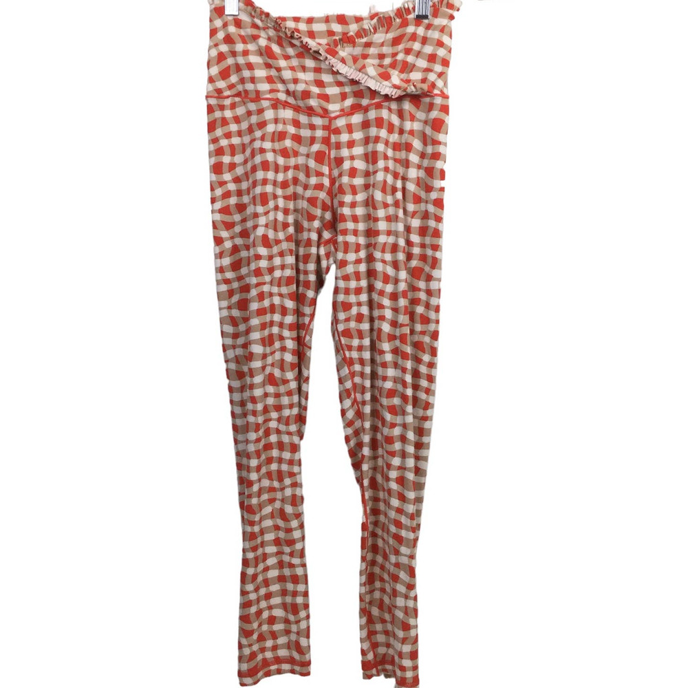 Offline By Aeri Women's Checkered Cream Orange Ruffle Trim Waist Leggings L
